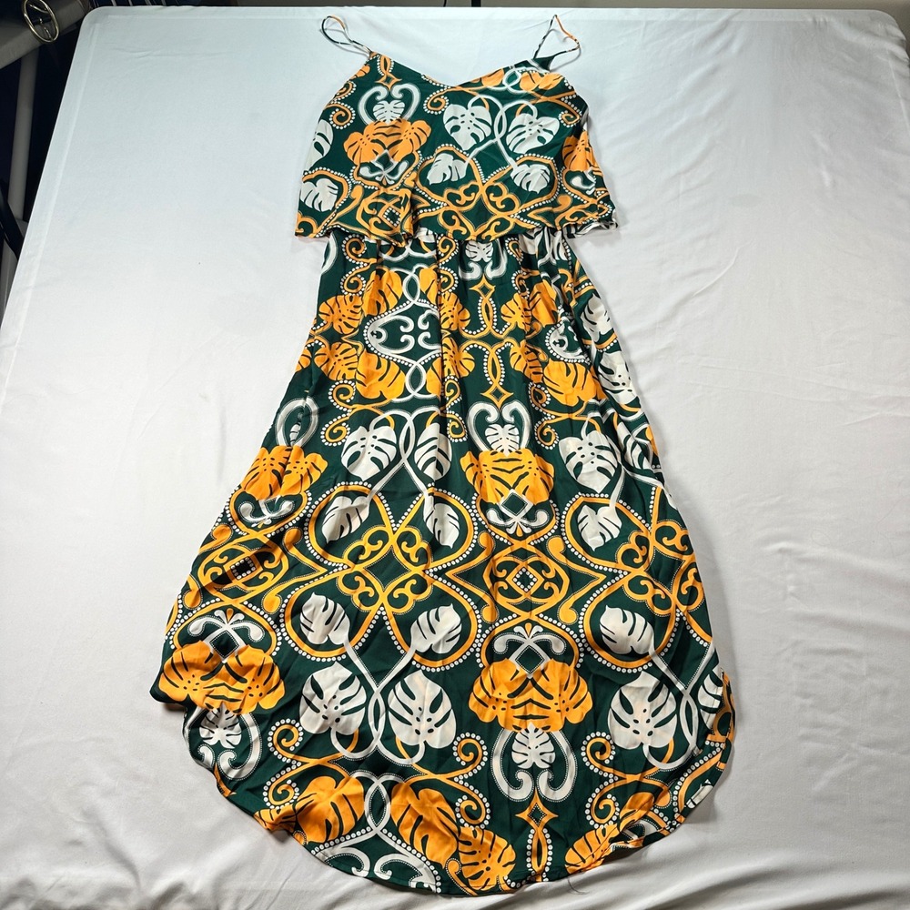 HM Tropical Monstera Leaf Print Maxi Dress Green Yellow Popover‎ Cutout Size 6